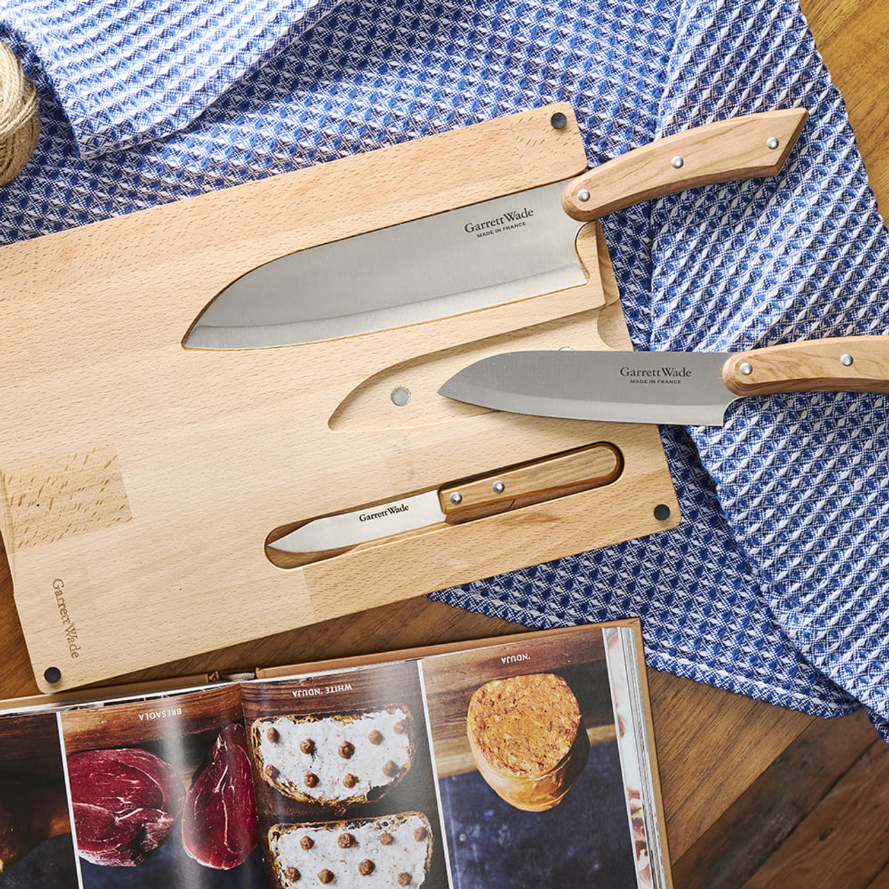 Three Olivewood-Handled Knives & Cutting Board