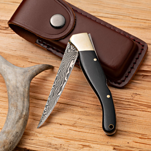 7-½" Damascus steel & Ebony Handled Folding Knife