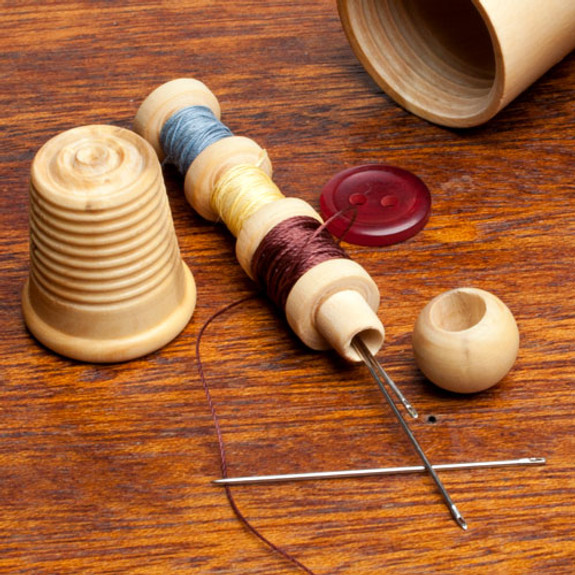 Boxwood Sewing Set, Darning Egg, Thimble, Thread Holder