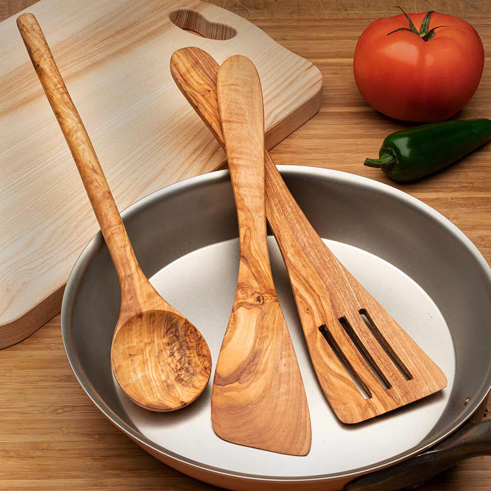 Olive Wood Kitchen Utensils, Set of 3