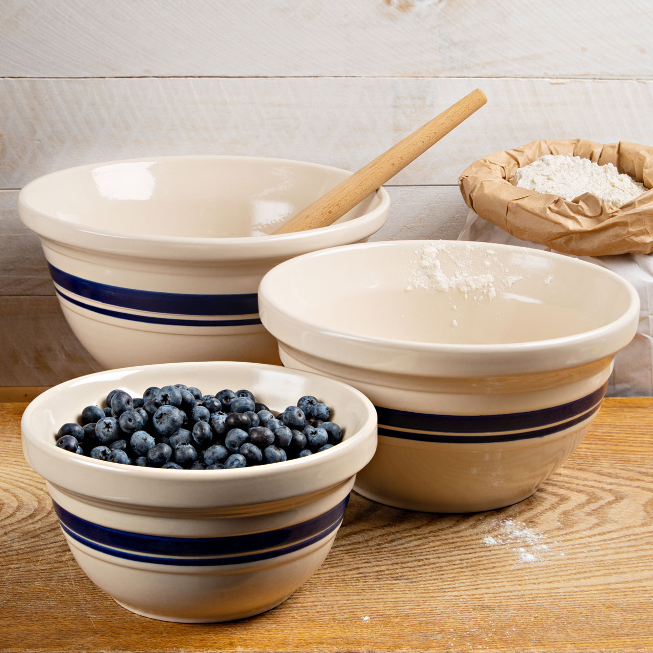 Set of Three USA Made Classic Stoneware Mixing Bowls