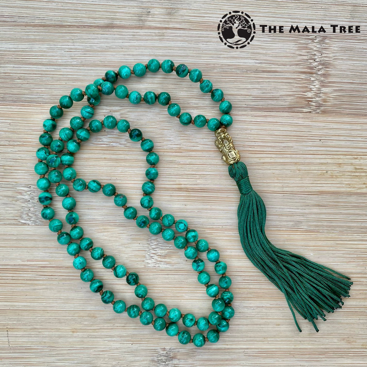 Malachite 108 Mala Necklace with Gold-plated Silver Piyao Center Bead