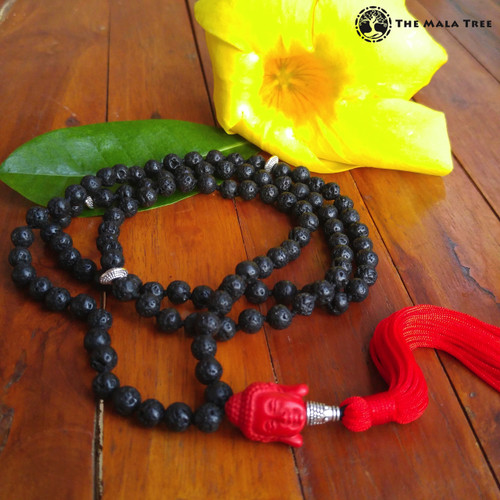 Tibetan BASALT / LAVA STONE & CINNABAR MEDITATING BUDDHA Mala