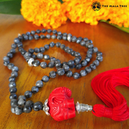 Tibetan LARVIKITE & CINNABAR ELEPHANT Mala