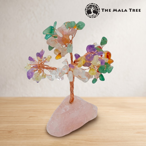 MIXED GEMSTONES Gem Tree on Rose Quartz