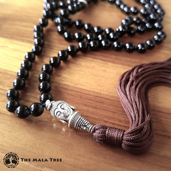 Tibetan BLACK TOURMALINE MEDITATING BUDDHA Mala