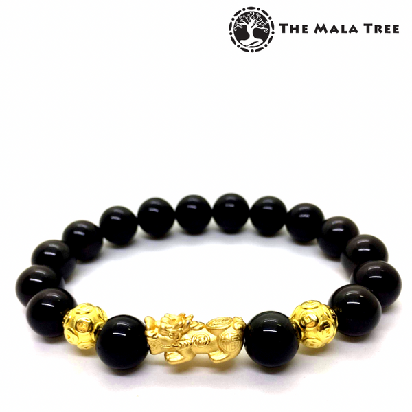 BLACK OBSIDIAN Piyao Money Ball Bracelet (Real Gold-Plated Silver)