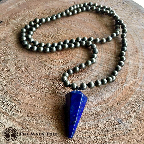 PYRITE Classic 108 Japa Mala with Lapis Lazuli Pendulum Guru