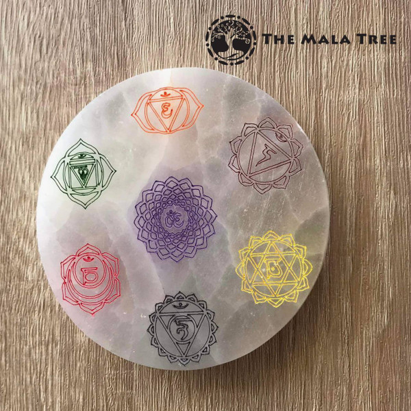 Seven Chakra Symbols Round Selenite Plate 