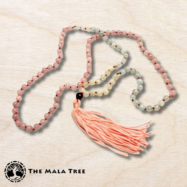  MADAGASCAR ROSE QUARTZ, MOONSTONE & AQUAMARINE WITH  RUBY GURU & GOLDEN MARKERS Zen Style Mala 