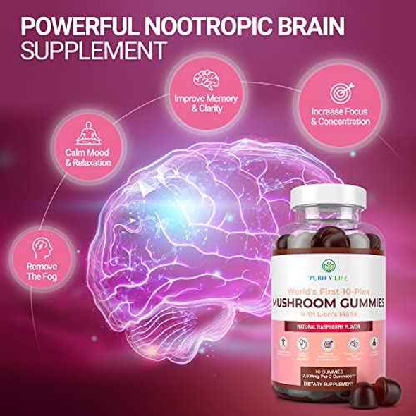 World's First Mushroom Complex Gummies - 10x Mushroom Supplement w Lions Mane (90 Chews 2500mg/serving) Nootropic Brain Supplement, Immune Support & Stress Relief - Replace Pills & Capsules Moodporium