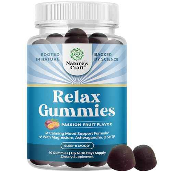 Calming Gummies for Adults with Ashwagandha and Magnesium - Relaxing Stress Gummies with L Theanine 5HTP and Lemon Balm Extract - Adaptogenic Gummies with Chamomile Extract and Vitamin B6 - 90 Count Moodporium