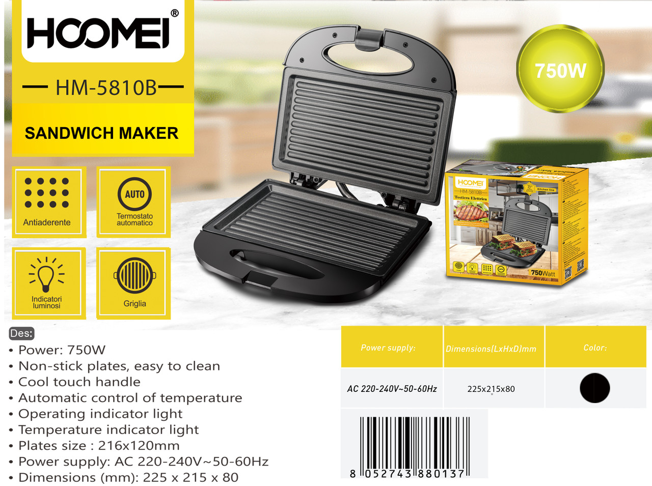 Hoomei - Piastra Tostiera Elettrica Per Toast 750W Hm-5810 - CZ Store