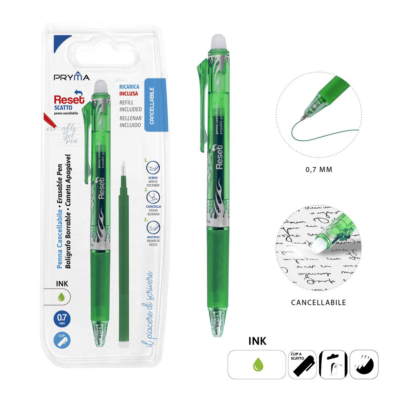 Pryma - Penna Cancellabile Scatto 0.7Mm + Ricarica Verde Bl. - CZ Store