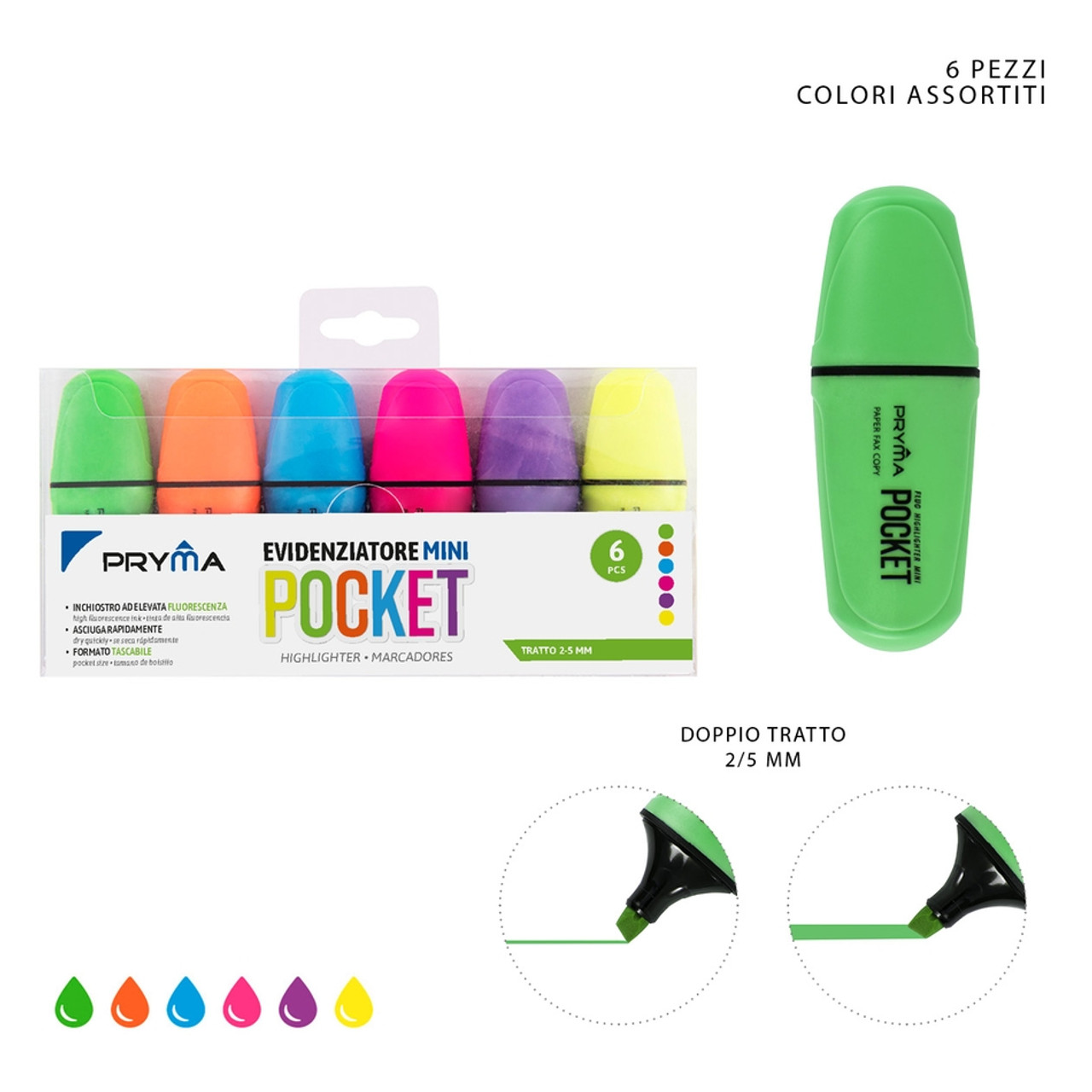 Pryma - Evidenziatore mini pocket fluo 6pz fluo - CZ Store