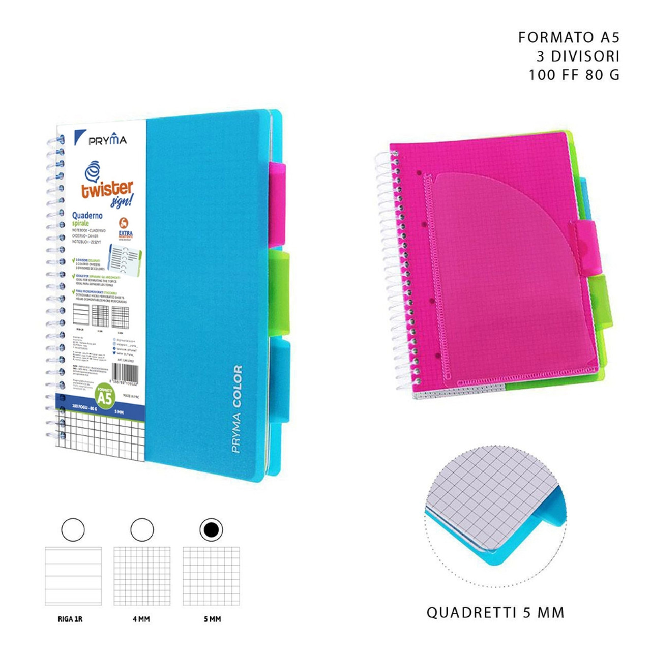 Pryma - Quaderno spirale twister A5 3div 5Mm - CZ Store