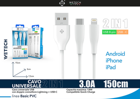 Wetech Cavo 2 In 1 Usb 8Pin  C 150Cm