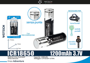 Wetech Batteria Li-Ion Ricaricabile Icr18650-1200Mah Senza P