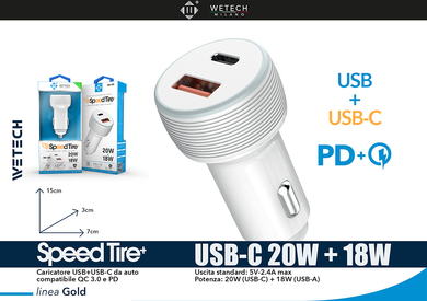 Wetech Adattatore Auto Caricatore Usb + Usb-C Da Auto