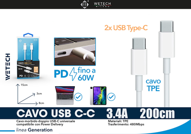 Wetech Cavo Usb C-C  In Tpe 200Cm 3.4A