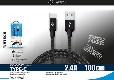 Wetech Cavo Usb C Febric 100Cm 2.4A-Nero