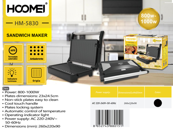 Hoomei - Piastra Elettrica Per Toast/Panini 750W Hm-5830