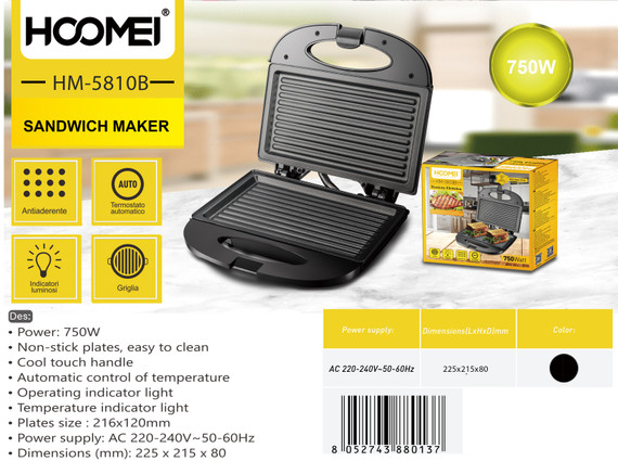 Hoomei - Piastra Tostiera Elettrica Per Toast 750W Hm-5810