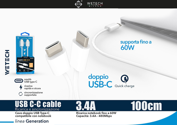 Wetech Cavo Usb C-C Quickcharge 3.4A 1Mt Smartphone/Notebook