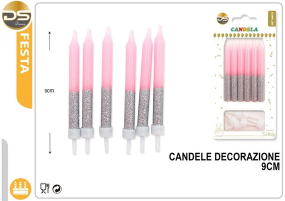 Dz - Party Candele Decorate Rosa Glitter 7.8Cm 6Pz