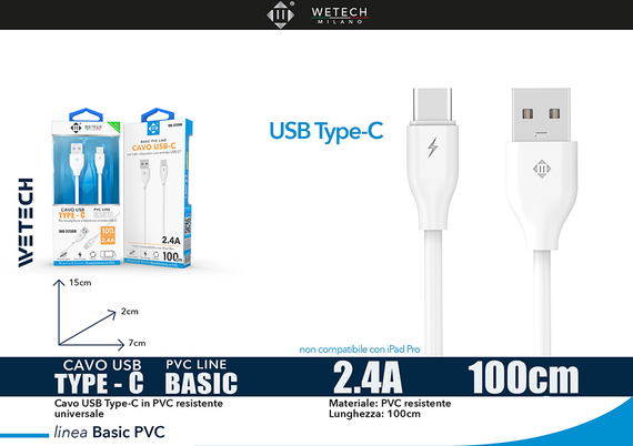 Wetech Cavo Usb-C Basic 2.4A 100Cm-Bianco