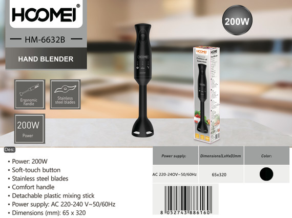 Hoomei - Mixer Multifunzione 200W 65x320 mm Nero