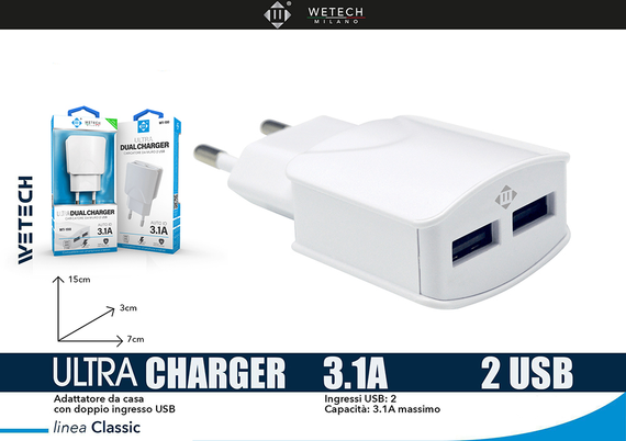 Wetech Adattatore Da Muro 2 Usb 3A