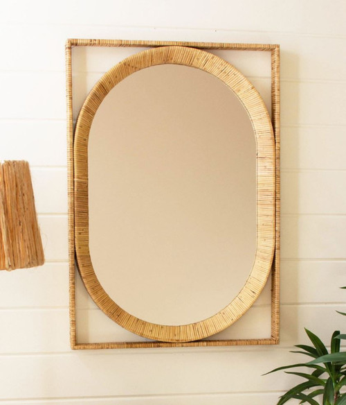 Oval Inside Rectangle Cane Wrapped Mirror