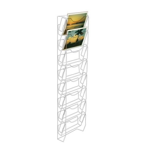 Clear acrylic wall mounted postcard/ greeting card rack with eight pockets.