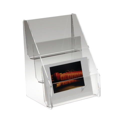 Clear acrylic three tiered card rack for countertop.