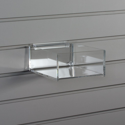 Clear acrylic slatwall bins for various items, sized for spinners or slatwalls.