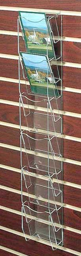 Clear acrylic six pocket slatwall ladder for displaying postcards, greeting cards, and other printed materials.