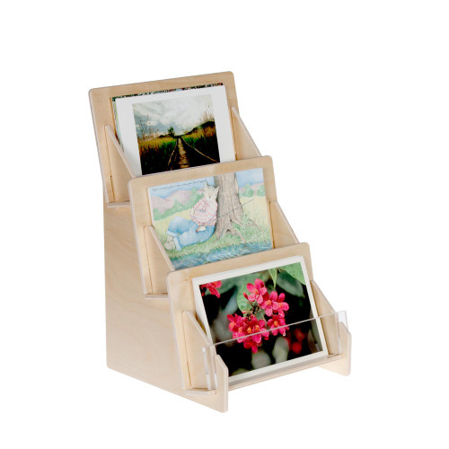 4323 Birch wooden 3 three tier greeting and postcard holder for countertop with clear front