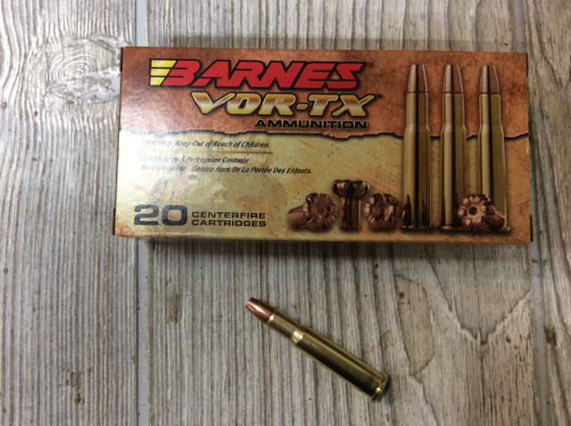 Discover Barnes VOR-TX .30-30 ammunition, featuring a 150 Grain Triple Shock X flat nose bullet.