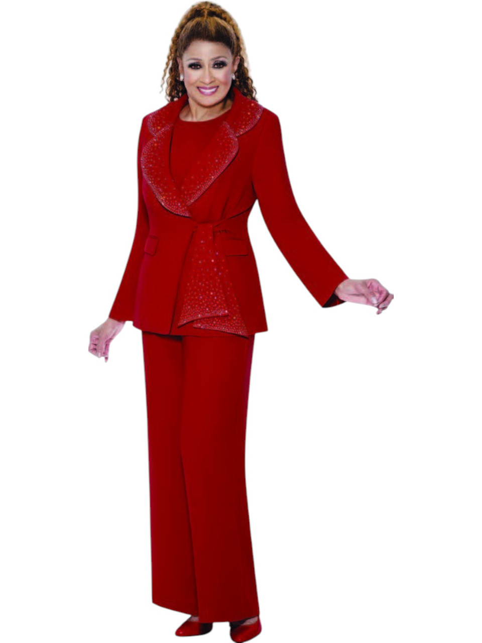 Dorinda Clark Cole 309093 Red Rhinestone Trim Pant Suit - Fall 2025