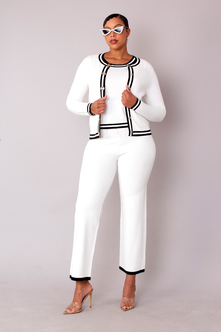 2点セットMary quilting knit jacket pants Kayla Knits Sport 51008 3Pc Pant Set - White