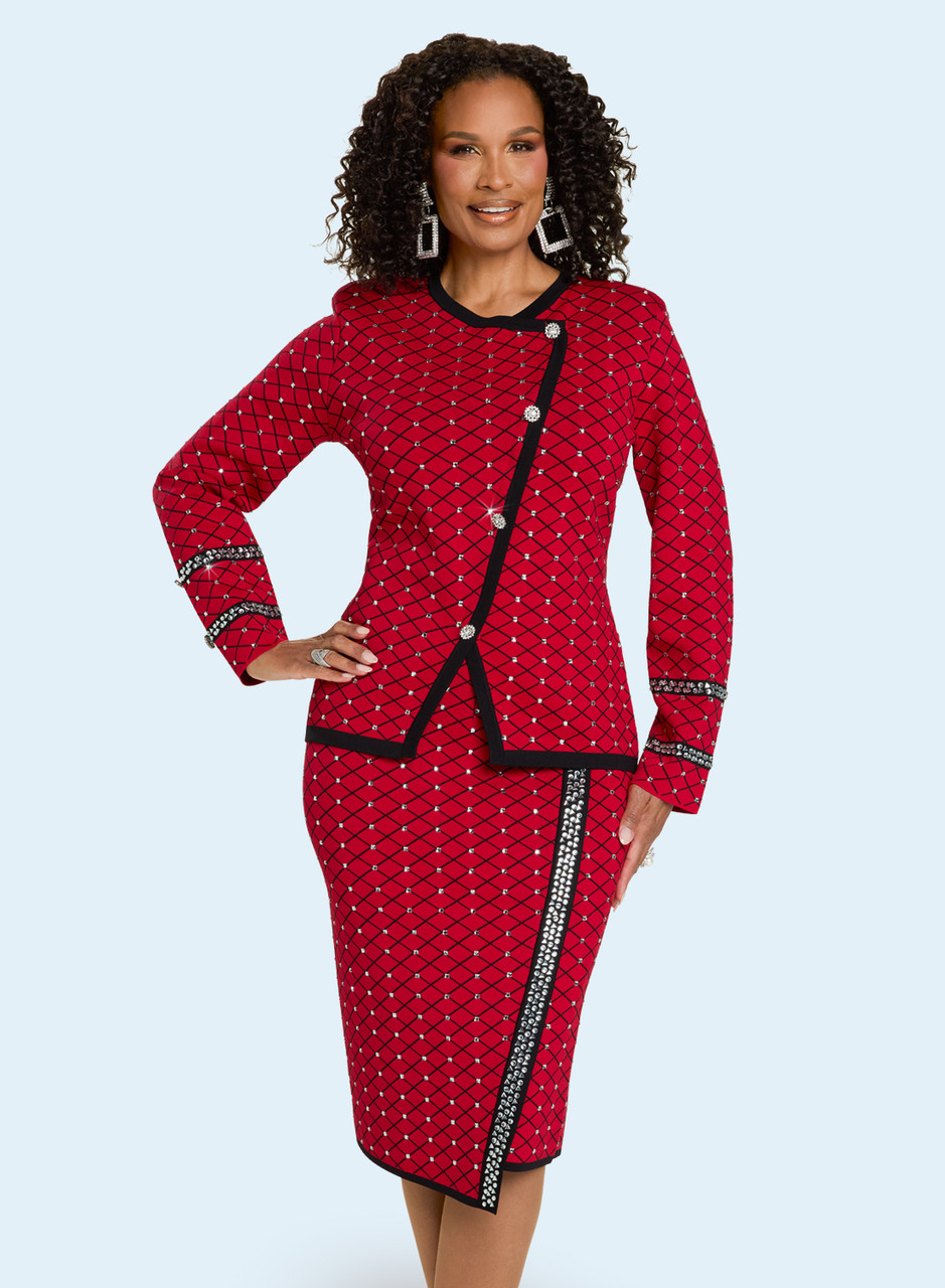 Donna Vinci Knit Suit 13451 Red Black – Power Knit with Trim