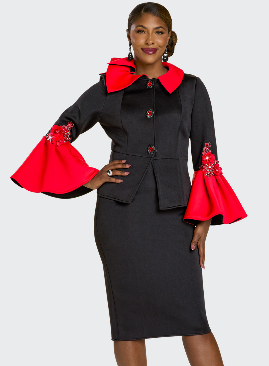 Donna Vinci 12233 Black & Red Bell Sleeve Suit - Fall 2025