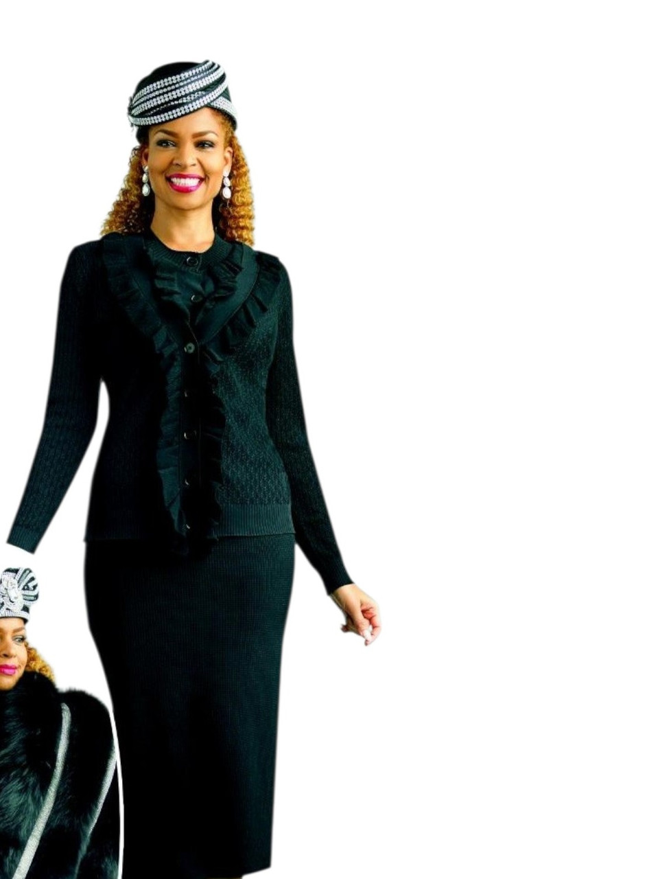 Lily and Taylor 833 Fine Crochet Knit Skirt Suit with Ruffle - in