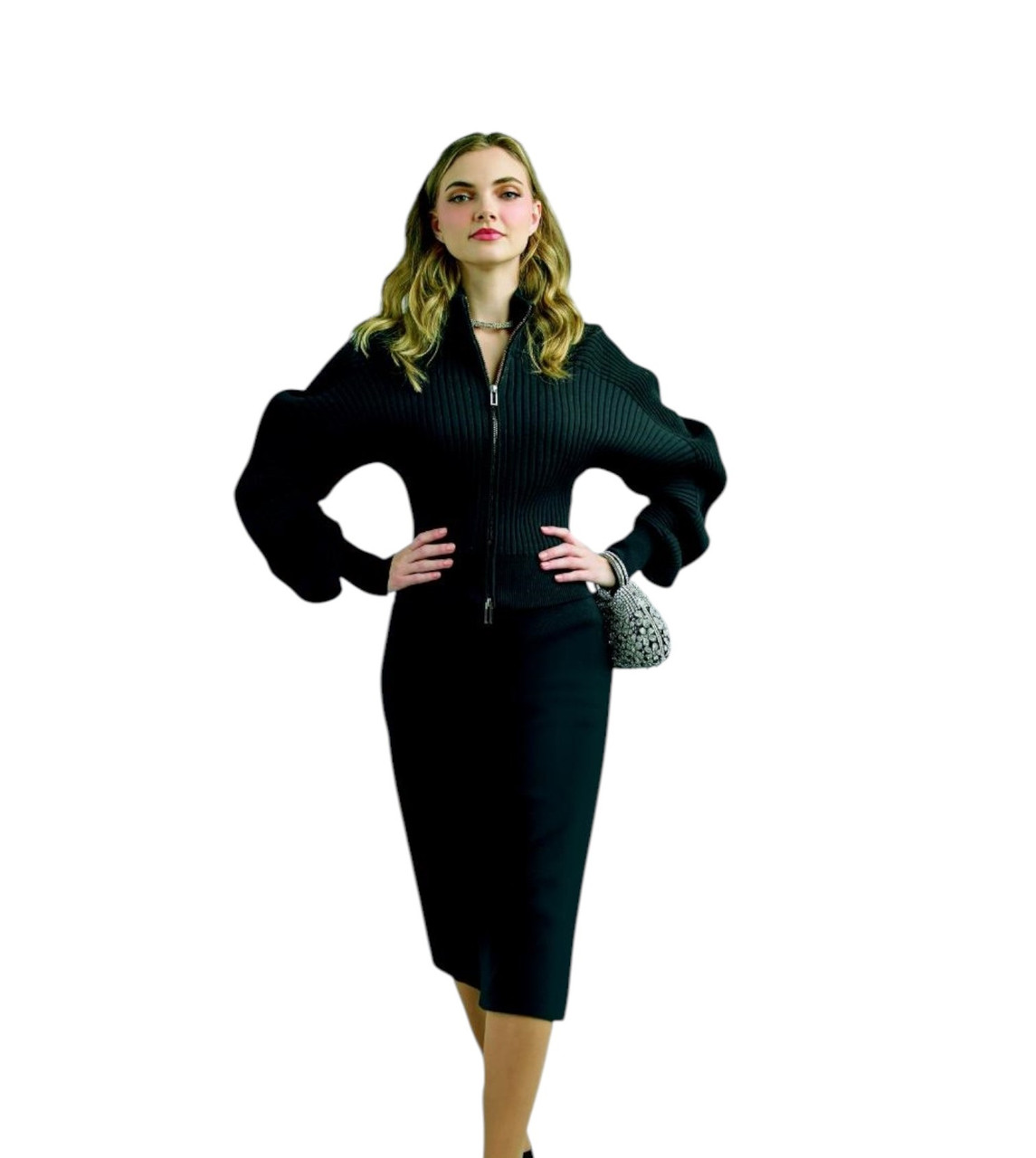 Lily and Taylor 887 Ribbed Knit Skirt Suit with Zipper Jacket