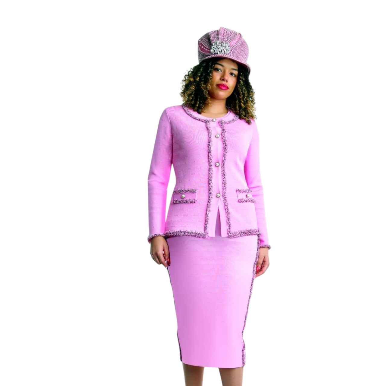 Lily & Taylor 731 Knit Skirt Suit with Pearl Buttons – Pink, Navy