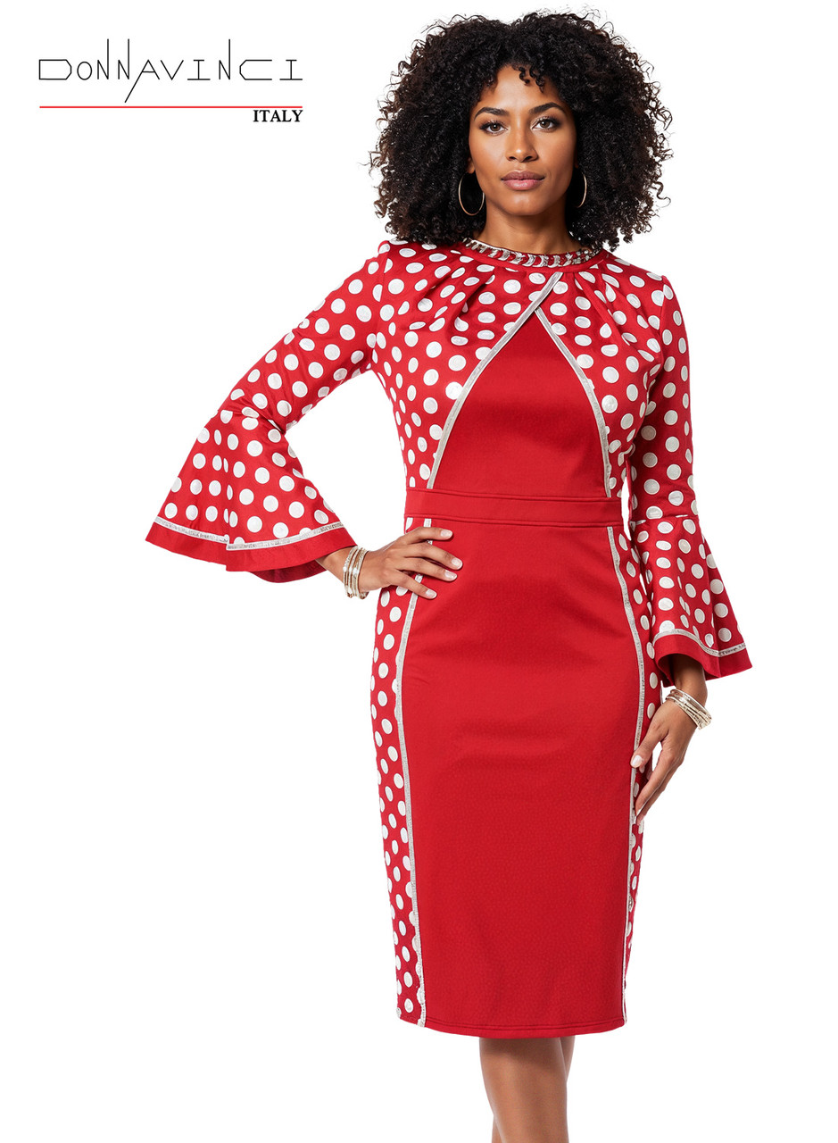 Elegance Fashions | Donna Vinci 12261 Red and White Polka Dots Dress