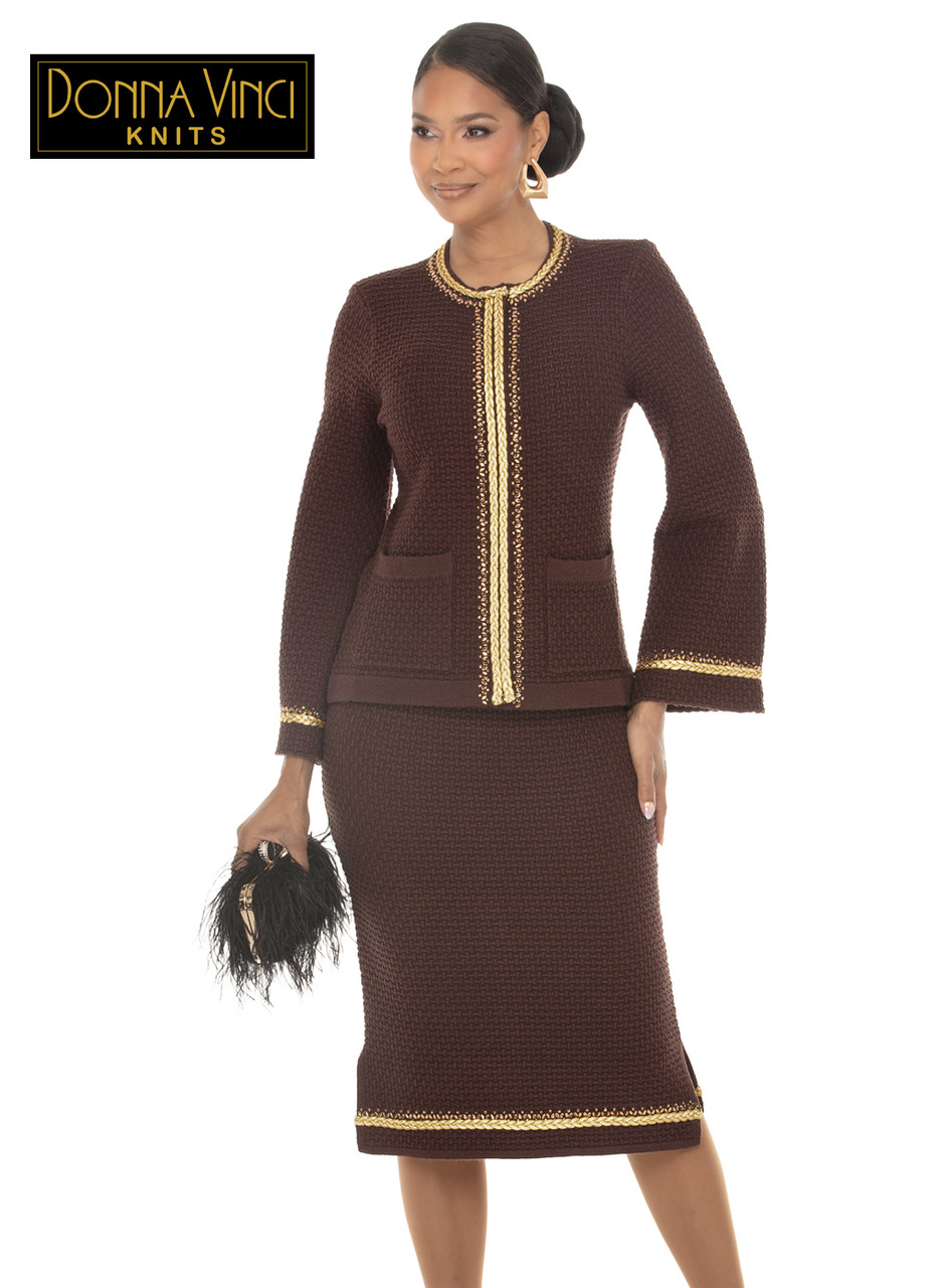 Donna Vinci Knits 13474 Brown Knit 2-Piece Jacket & Skirt Set