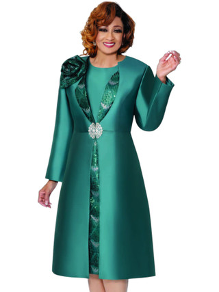 Dorinda Clark Cole 309982 Green Dress Coat Set with Brooch - Fall 2025