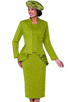 G400663 Olive GMI Fall 2025 Pearl Trim Suit with Hi Lo Jacket